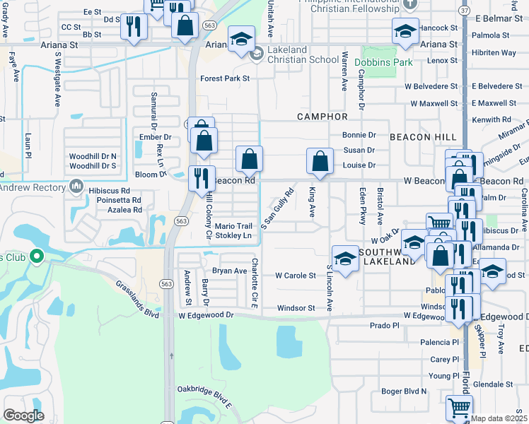map of restaurants, bars, coffee shops, grocery stores, and more near 2121 South San Gully Road in Lakeland
