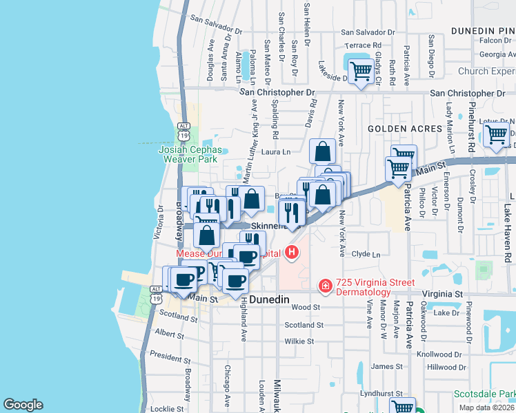 map of restaurants, bars, coffee shops, grocery stores, and more near 526 Frances Street in Dunedin
