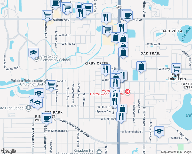 map of restaurants, bars, coffee shops, grocery stores, and more near 3924 West Robson Street in Tampa