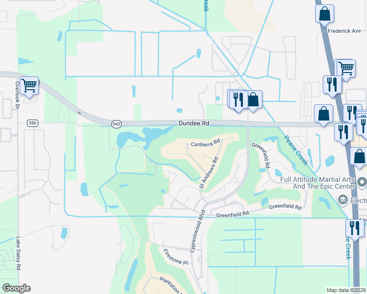 map of restaurants, bars, coffee shops, grocery stores, and more near 749 Canberra Road in Winter Haven