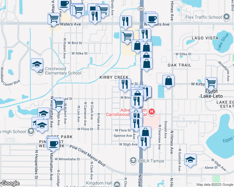 map of restaurants, bars, coffee shops, grocery stores, and more near 3924 West Robson Street in Tampa