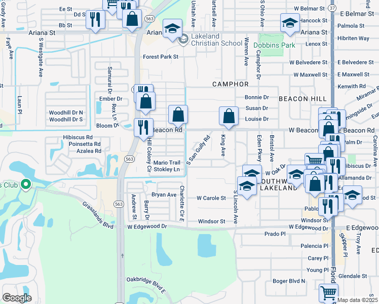 map of restaurants, bars, coffee shops, grocery stores, and more near 2121 South San Gully Road in Lakeland