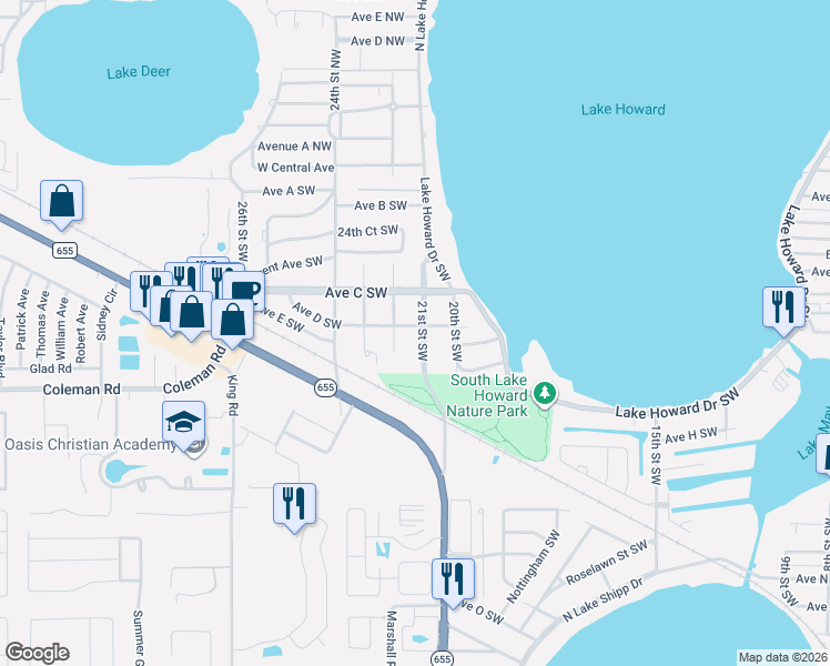 map of restaurants, bars, coffee shops, grocery stores, and more near 2150 Avenue D Southwest in Winter Haven