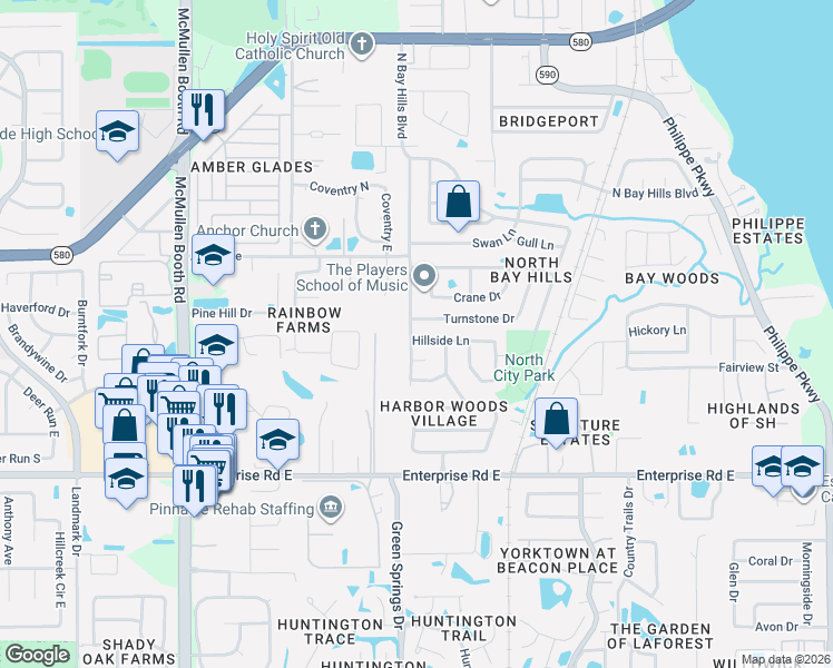 map of restaurants, bars, coffee shops, grocery stores, and more near 3128 Hillside Lane in Safety Harbor