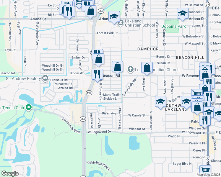 map of restaurants, bars, coffee shops, grocery stores, and more near Weatherfore Lane in Lakeland