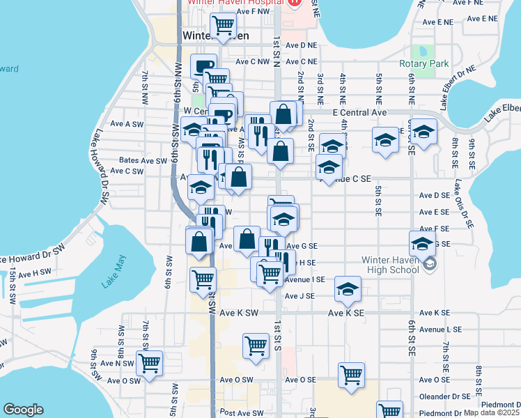 map of restaurants, bars, coffee shops, grocery stores, and more near 123 Avenue East Southwest in Winter Haven
