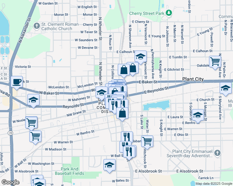 map of restaurants, bars, coffee shops, grocery stores, and more near 212 North Collins Street in Plant City