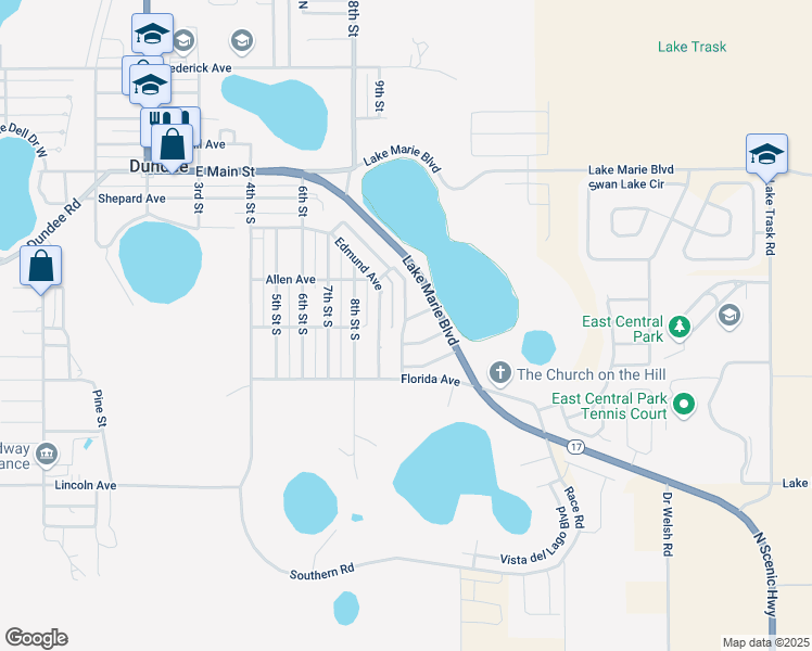 map of restaurants, bars, coffee shops, grocery stores, and more near 909 Valentina Drive in Dundee