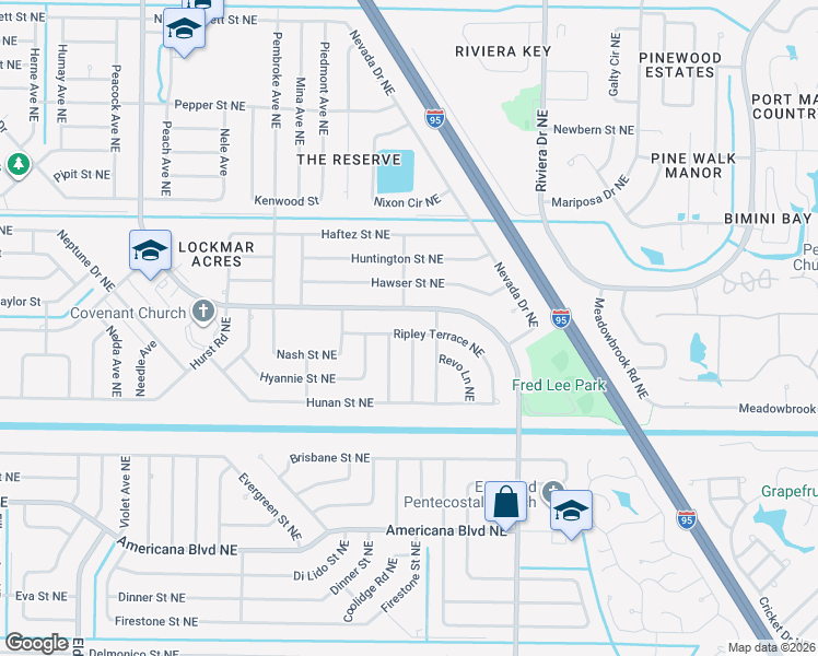 map of restaurants, bars, coffee shops, grocery stores, and more near 849 Ripley Terrace Northeast in Palm Bay