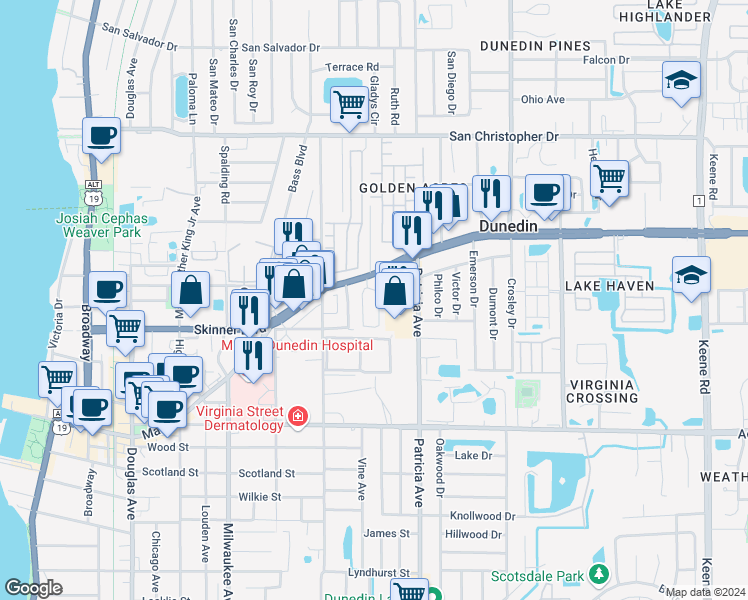 map of restaurants, bars, coffee shops, grocery stores, and more near 1024 Michigan Drive West in Dunedin