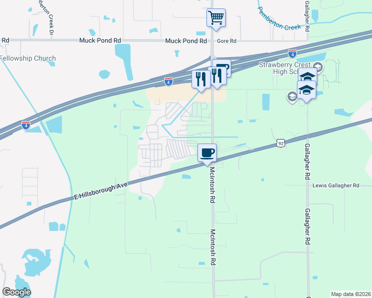 map of restaurants, bars, coffee shops, grocery stores, and more near Air Stream Ave in Seffner