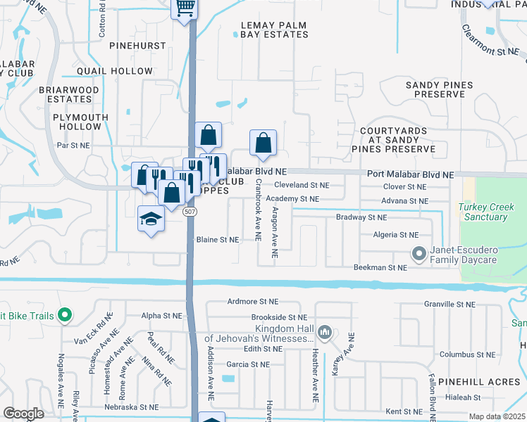 map of restaurants, bars, coffee shops, grocery stores, and more near 779 Cranbrook Avenue Northeast in Palm Bay