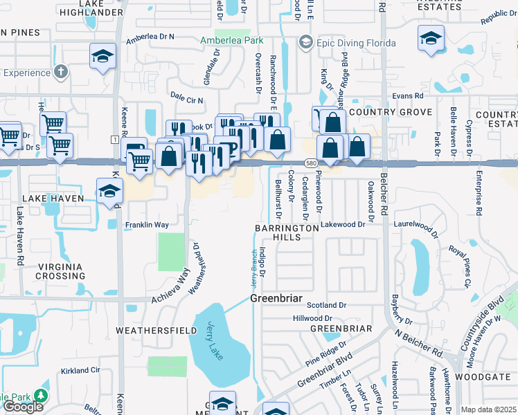 map of restaurants, bars, coffee shops, grocery stores, and more near 1036 Creek Park Court in Dunedin