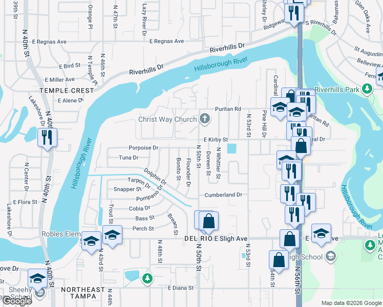 map of restaurants, bars, coffee shops, grocery stores, and more near 7131 Flounder Drive in Tampa