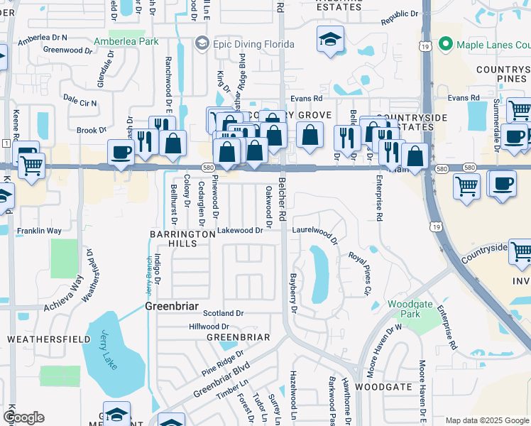 map of restaurants, bars, coffee shops, grocery stores, and more near 1078 Oakwood Drive in Dunedin