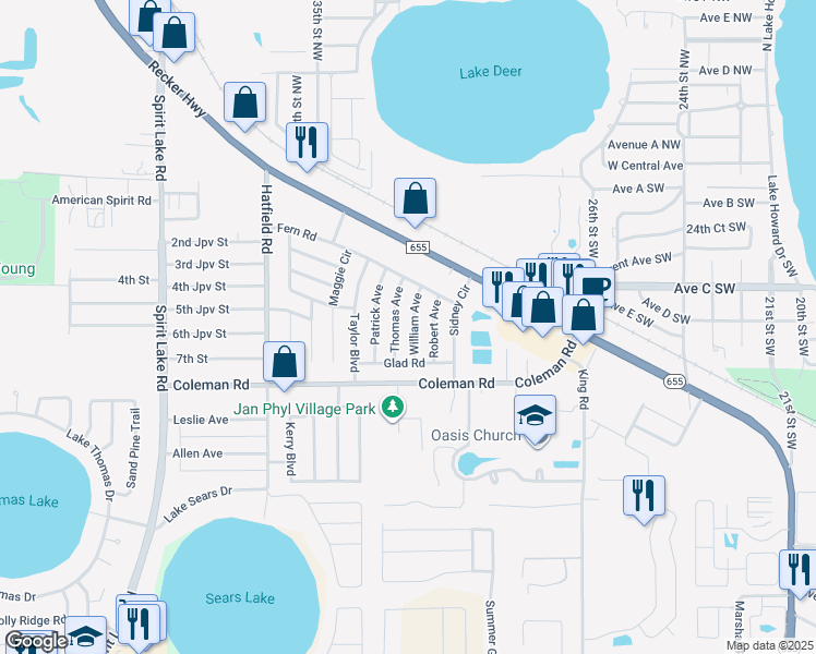 map of restaurants, bars, coffee shops, grocery stores, and more near 507 William Avenue in Winter Haven