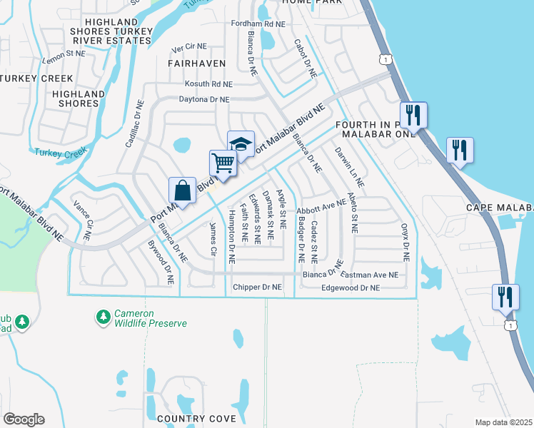 map of restaurants, bars, coffee shops, grocery stores, and more near 848 Damask Street Northeast in Palm Bay