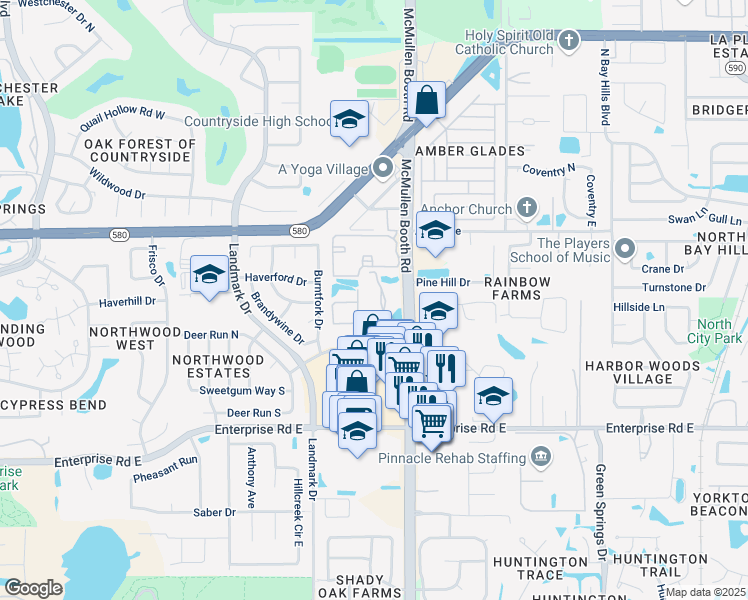 map of restaurants, bars, coffee shops, grocery stores, and more near 3076 Eastland Boulevard in Clearwater