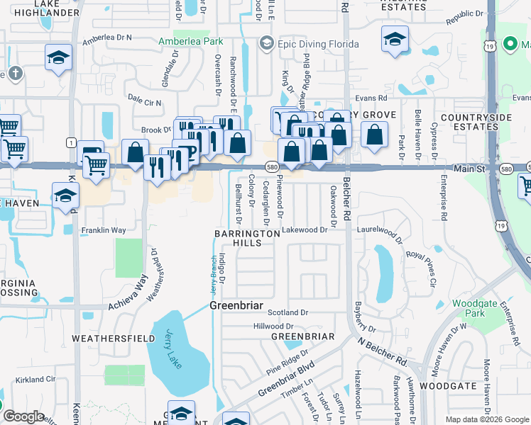 map of restaurants, bars, coffee shops, grocery stores, and more near 2625 Cedarglen Drive in Dunedin