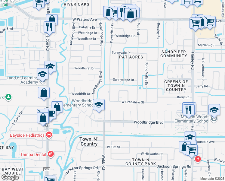 map of restaurants, bars, coffee shops, grocery stores, and more near 8217 West Crenshaw Street in Tampa