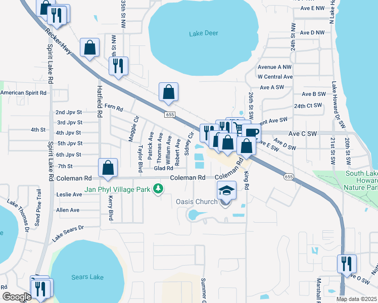 map of restaurants, bars, coffee shops, grocery stores, and more near 508 Sidney Circle in Winter Haven