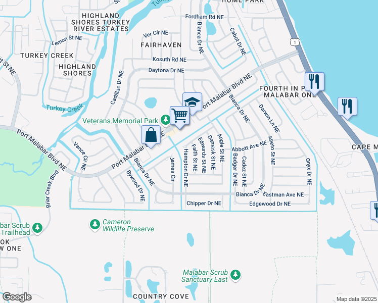 map of restaurants, bars, coffee shops, grocery stores, and more near 826 Hampton Drive Northeast in Palm Bay