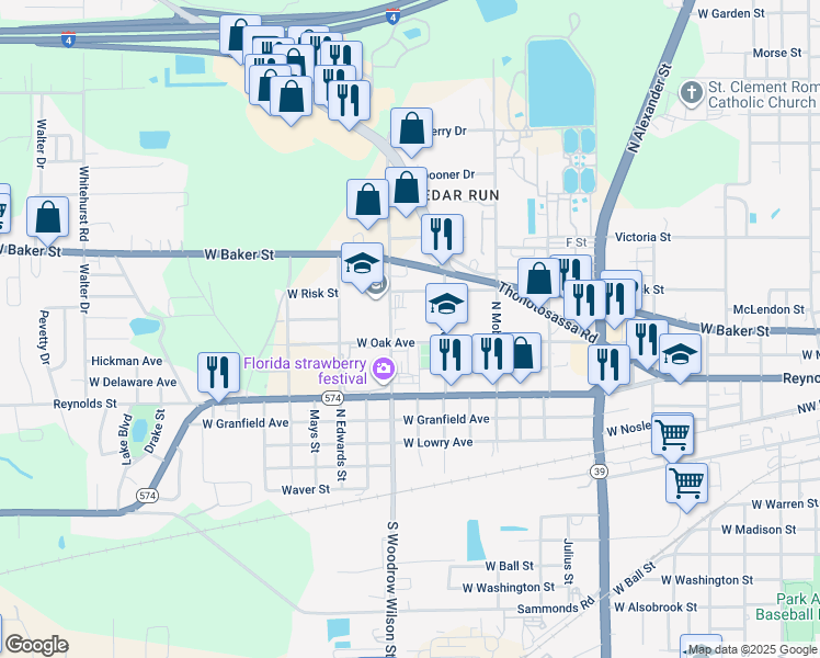 map of restaurants, bars, coffee shops, grocery stores, and more near 404 North Woodrow Wilson Street in Plant City