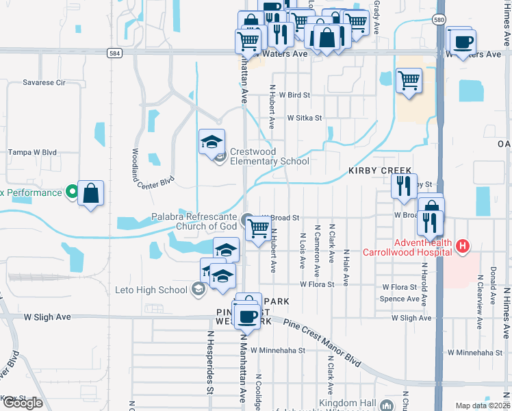 map of restaurants, bars, coffee shops, grocery stores, and more near 7510 North Coolidge Avenue in Tampa