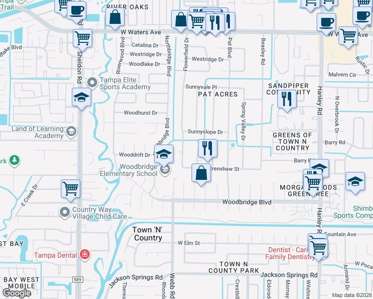 map of restaurants, bars, coffee shops, grocery stores, and more near 8217 West Crenshaw Street in Tampa
