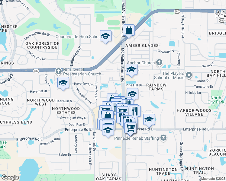 map of restaurants, bars, coffee shops, grocery stores, and more near 3076 Eastland Boulevard in Clearwater