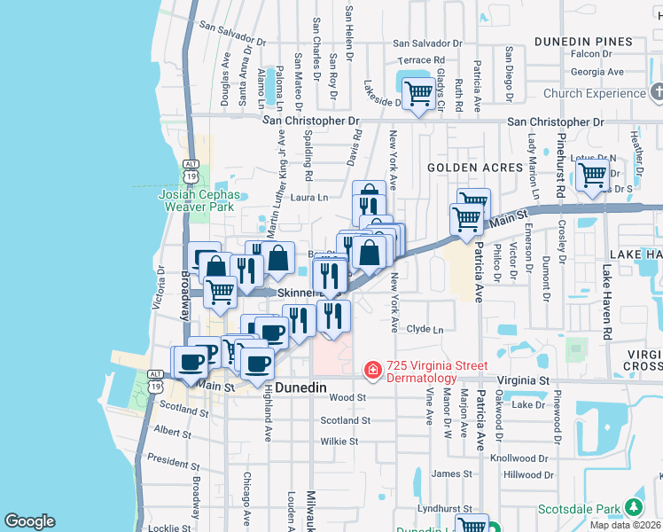 map of restaurants, bars, coffee shops, grocery stores, and more near 1042 Oak Street in Dunedin