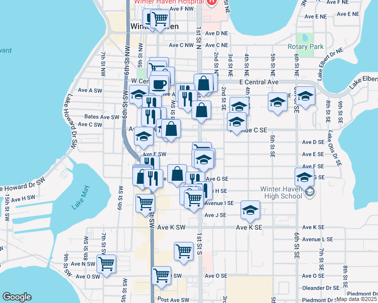 map of restaurants, bars, coffee shops, grocery stores, and more near 123 Avenue East Southwest in Winter Haven
