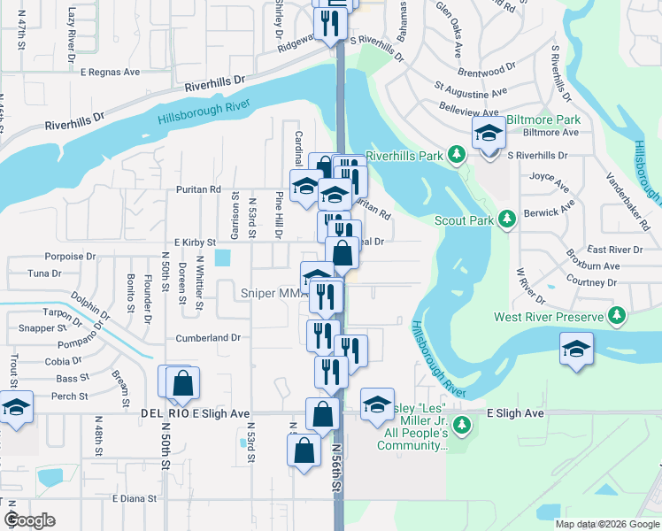 map of restaurants, bars, coffee shops, grocery stores, and more near 7524 Needle Leaf Place in Tampa