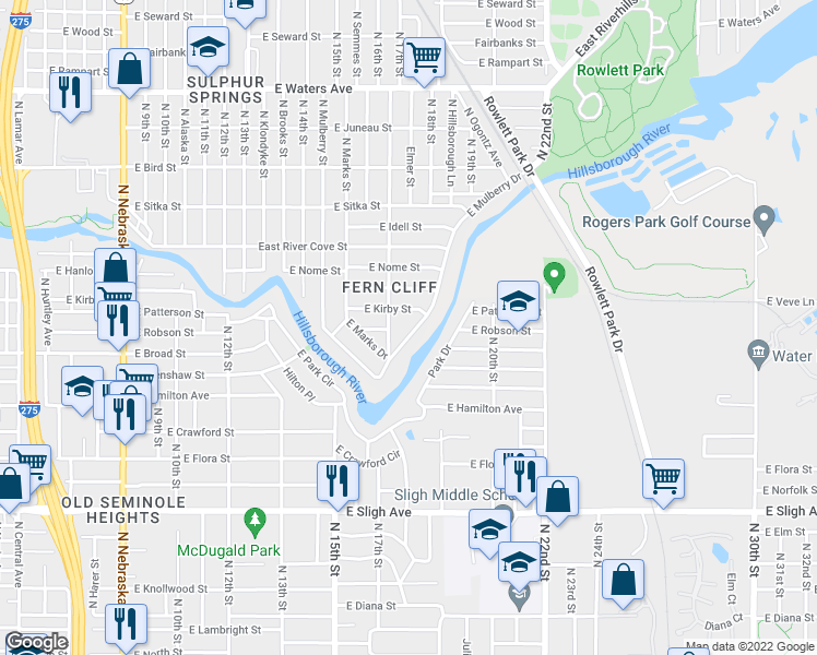 map of restaurants, bars, coffee shops, grocery stores, and more near 1720 East Mulberry Drive in Tampa