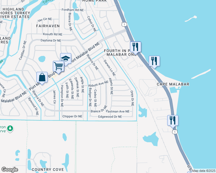 map of restaurants, bars, coffee shops, grocery stores, and more near 853 Bianca Drive Northeast in Palm Bay