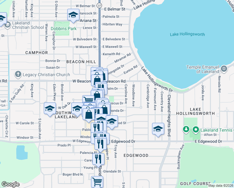 map of restaurants, bars, coffee shops, grocery stores, and more near 412 East Poinsettia Street in Lakeland