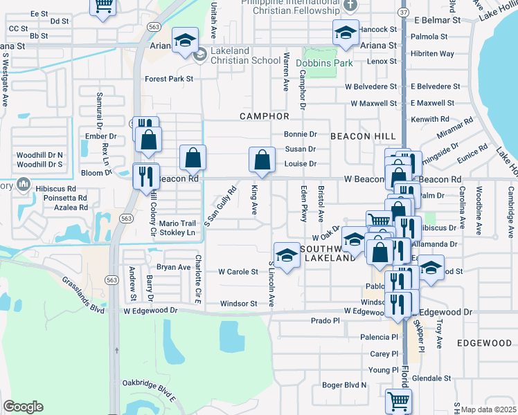 map of restaurants, bars, coffee shops, grocery stores, and more near 2216 King Avenue in Lakeland