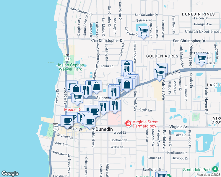 map of restaurants, bars, coffee shops, grocery stores, and more near 1042 Oak Street in Dunedin