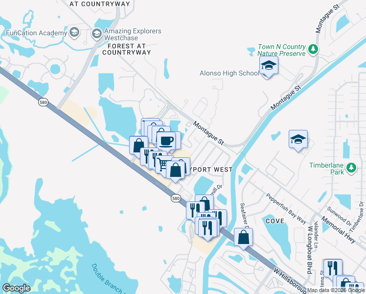 map of restaurants, bars, coffee shops, grocery stores, and more near 11622 Declaration Drive in Tampa
