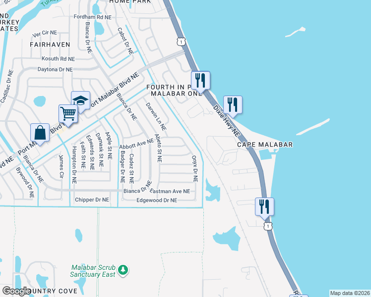 map of restaurants, bars, coffee shops, grocery stores, and more near 847 Onyx Drive Northeast in Palm Bay