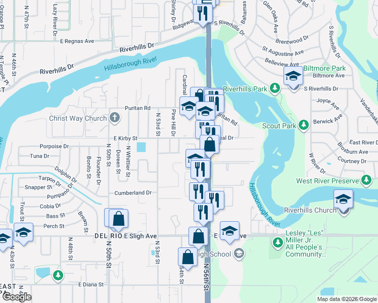 map of restaurants, bars, coffee shops, grocery stores, and more near 7507 Pitch Pine Circle in Tampa