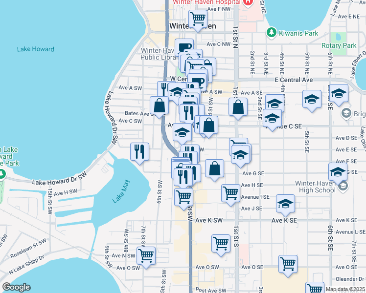 map of restaurants, bars, coffee shops, grocery stores, and more near 305 Avenue East Southwest in Winter Haven