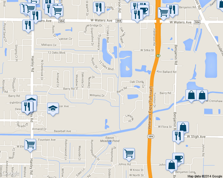 map of restaurants, bars, coffee shops, grocery stores, and more near 6804 Mitchell Circle in Tampa