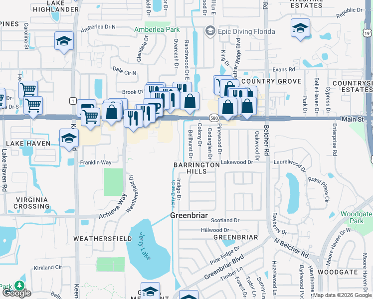 map of restaurants, bars, coffee shops, grocery stores, and more near 2625 Bellhurst Drive in Dunedin