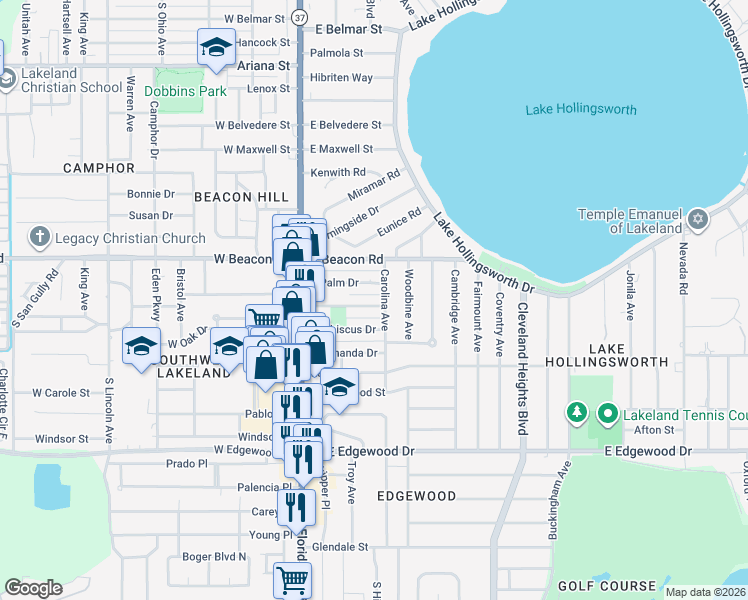 map of restaurants, bars, coffee shops, grocery stores, and more near 412 East Poinsettia Street in Lakeland