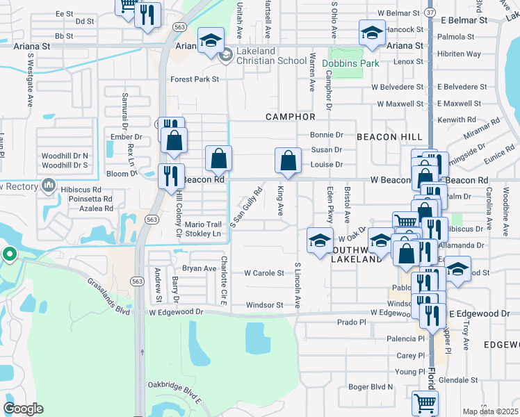 map of restaurants, bars, coffee shops, grocery stores, and more near 2225 Brandy Place in Lakeland