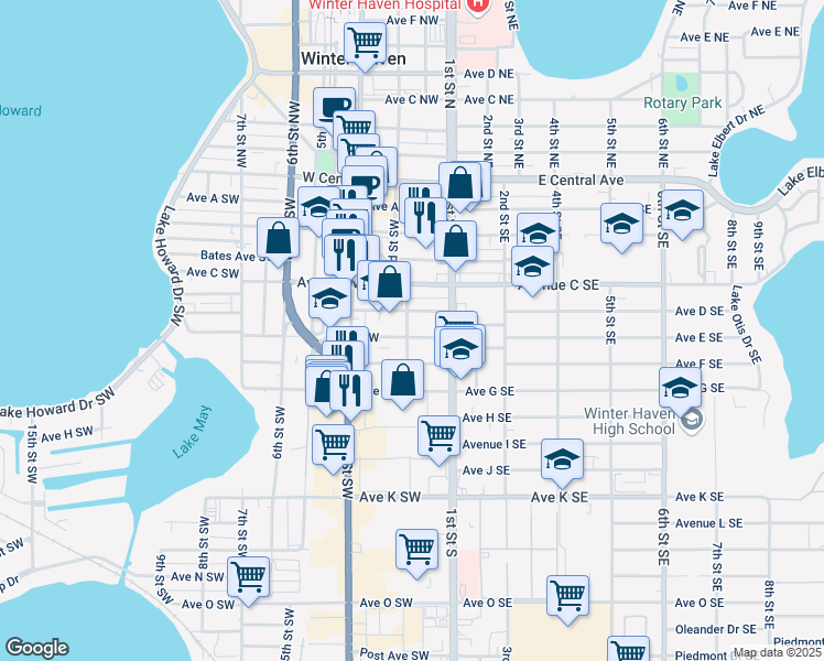 map of restaurants, bars, coffee shops, grocery stores, and more near 225 Avenue East Southwest in Winter Haven