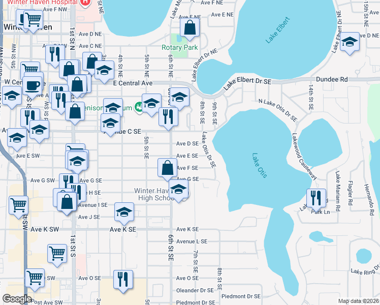 map of restaurants, bars, coffee shops, grocery stores, and more near 635 Ave East SE in Winter Haven