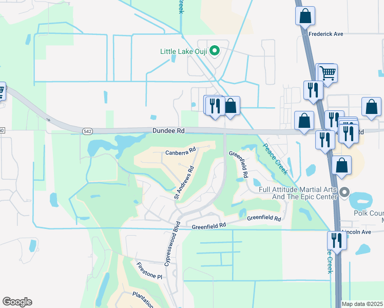 map of restaurants, bars, coffee shops, grocery stores, and more near 717 Canberra Rd in Winter Haven