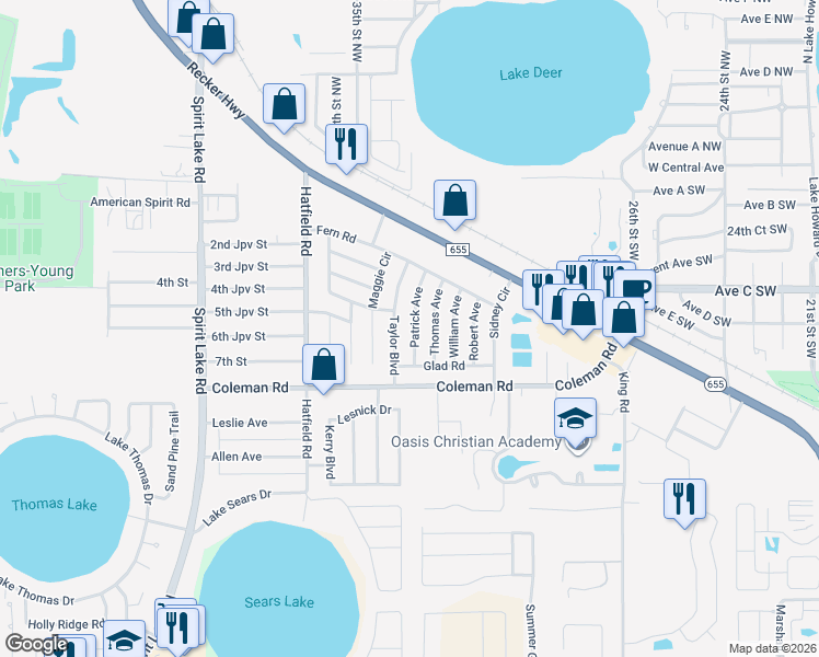 map of restaurants, bars, coffee shops, grocery stores, and more near 507 Patrick Avenue in Winter Haven
